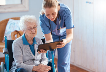 Nursing home, woman or doctor with tablet checking medical results, chart online or social media....