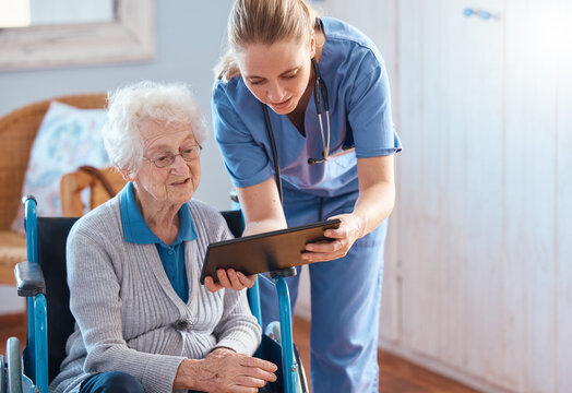 Nursing home, woman or doctor with tablet checking medical results, chart online or social media. Healthcare, tech and nurse caregiver help consulting with elderly patient in living room or bedroom