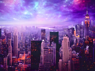 Surreal Megacity Downtown with dramatic Sky. Wallpaper Background, digital art