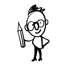 Funny man in glasses with a pencil in his hand. A hand-drawn funny character. Vector doodle illustration