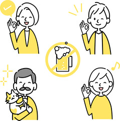 ビールを断る笑顔の人物ベクターイラストセット　アルコールハラスメント対策