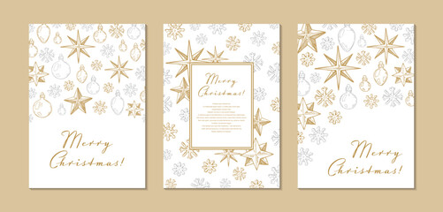 Set of Merry Christmas and Happy New Year vertical greeting cards with hand drawn golden stars and toys on white background. Vector illustration in sketch style