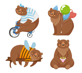 Cartoon bears, circus animal ride bicycle with air balloon