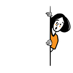 The surprised girl looks out from behind the wall. A design element with space for text. Vector doodle illustration