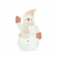 Beautiful Christmas image with cute hand drawn winter snowman. Stock illustration. Spruce forest. Celebration clip art.