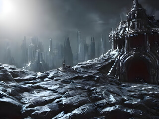 Big City in the dark underworld, dark fairy tale, abstract illustration