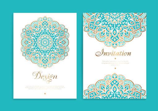 Turquoise and gold luxury invitation card design with vector ornament pattern. Vintage template. Can be used for background and wallpaper. Elegant and classic vector elements great for decoration.