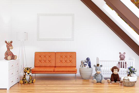 3d rendered illustration of a bright attic child room with mockup picture frame.