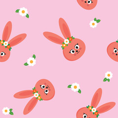 Spring wild flowers vector seamless pattern. Easter pattern with cute bunny