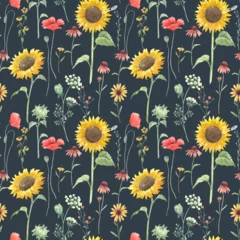 Foto op Plexiglas anti-reflex Beautiful vector floral seamless pattern with watercolor hand drawn field wild sunflower poppy flowers. Stock illustration. © zenina