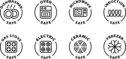 Dishwasher, appliances, oven, microwave, induction, gas, electric, freezer safe icons, icon set. Isolated vector black outline stamp label rounded badge product tag on transparent background. Symbols.