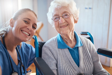 Nurse, portrait smile and medical for elderly care, retirement home or visit from doctor for...