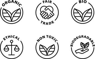 organic, fair trade bio, ethical, non toxic, biodegradable icon set, icons. Isolated vector black outline stamp label rounded badge product tag on transparent background. Symbol. - obrazy, fototapety, plakaty