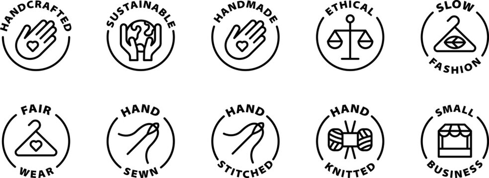 Handcrafted small business icons, icon set. Isolated vector black outline stamp label rounded badge product tag on transparent background. Symbols. Handcrafted, handmade, hand sewn.