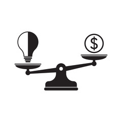 Light bulb idea and money on scales icon. flat design business concept.