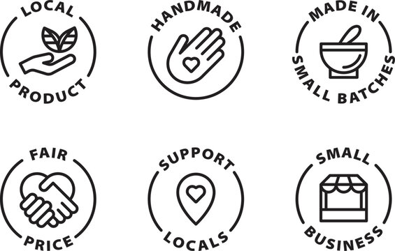 Small Business Icon Set, Icons. Isolated Vector Black Outline Stamp Label Rounded Badge Product Tag On Transparent Background. Symbols. Handmade, Local, Fair Price, Small Batches.