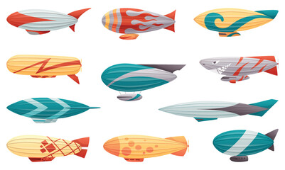 Zeppelin. Passenger airships set. Bright colored cigar shaped balloons or retro zeppelin with stripes cabins for people elongated. Huge balloons with helium for free travel tourism. Vector cartoon art © designer_things