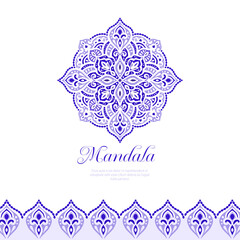 Purple pattern on a white background. Vector mandala template. Golden design elements. Traditional Turkish, Indian motifs. Great for fabric and textile, wallpaper, packaging or any desired idea.
