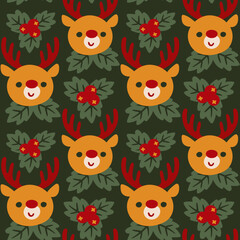 Naklejka premium Seamless pattern of deer and holly. Vector illustration on a green background.