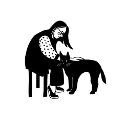A girl with glasses is stroking a black cat. Taking care of animals. Black and white graphics Vector illustration.
