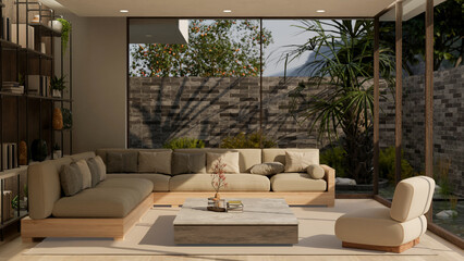 Modern contemporary and comfortable home living room with outdoor garden and fish pond