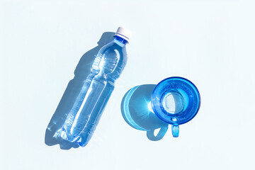 Bottled water. A bottle of mineral water and glass of water with hard shadows on blue background. Flat lay Top view