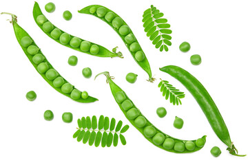 Fresh green pea pods with green peas and leaves isolated on white background. clipping path. top view