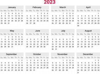Calendar 2023 vector template layout vector image. 2023 Yearly English calendar. New year wall planner design. A4, A3 A5 or letter format. Week starts on Sunday.