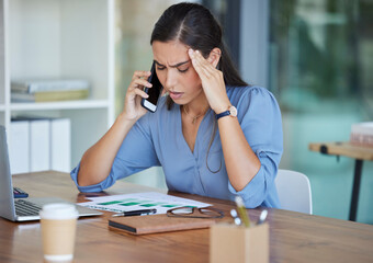 Phone call, stress or business woman with documents for headache, depression or audit anxiety, chart or marketing research. Corporate, laptop or employee with smartphone with insurance finance loss