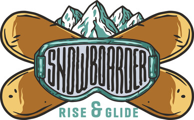 A winter extreme active sport. Snowboarding and skiing equipment. Snow mountains. Printable print