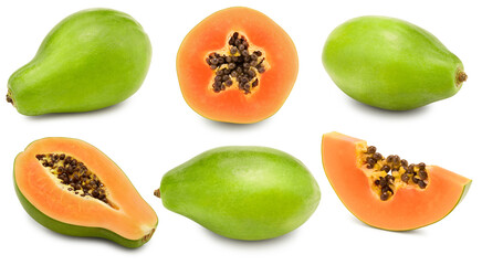 ripe papaya fruit with slices isolated on white background. exotic fruit. clipping path