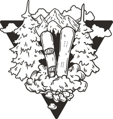 A winter extreme active sport. Snowboarding equipment. Snow mountains and forest. Printable print