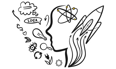 Concept of creative mind, various thoughts that come to mind boosting creativity, idea generation. Flat vector illustration.