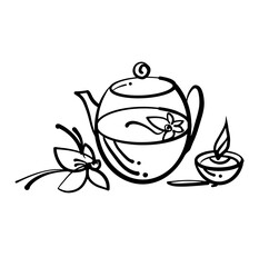 A glass teapot with herbal tea, a vanilla flower and a burning scented candle. Spa accessories of the spa salon. A simple icon. A design element for a sticker, poster, postcard, etc.. Hand-drawn illus