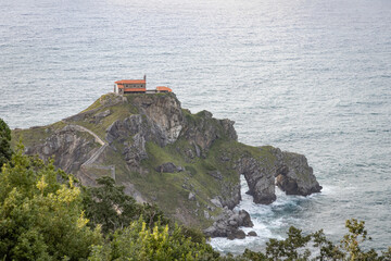 Aerial view of Island (Islet) and the Gaztelugatxe temple in twilight.  Bermeo, Basque Country (Spain). Dragonstone.