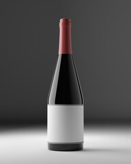 Dark wine bottle with empty label on grey background. 3d rendered image.