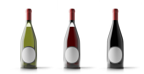 Three wine bottles with shadows and no label isolated on white background. 3d rendered image.