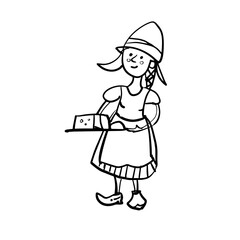 A cute girl in a traditional Dutch outfit holds a tray of cheese. Hand-drawn vector doodle illustration