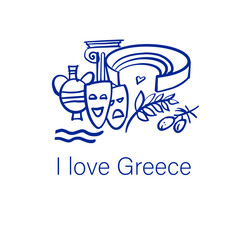 Symbols of Ancient Greece in the doodle style. A postcard with the text I love Greece. Vector illustration
