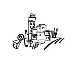 Symbols of Italy. Wine, cheese, grapes, ancient architecture. Italian landscape. A hand-drawn sketch. A design element for postcards, prints, stickers, social media, etc. Vector doodle illustration