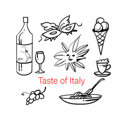 Taste of Italy. Carnival masks, wine, grapes, coffee and ice cream. A hand-drawn sketch. Vector doodle illustration