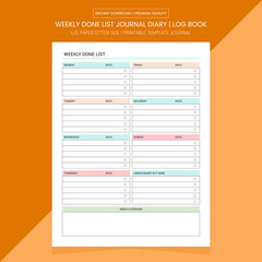 Weekly Done List Journal | Weekly Done List Notebook Printable Template | Diary Journal