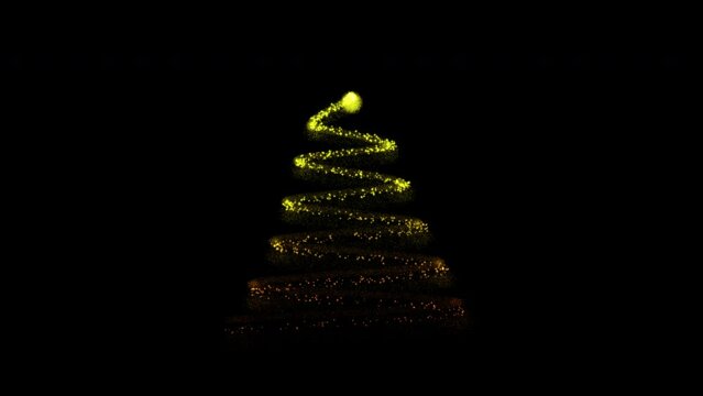 2D animation of an illustrated spiral Christmas tree on a black background