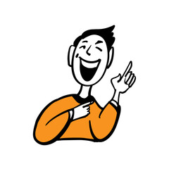 A cute laughing guy with his index finger raised up. Color vector illustration