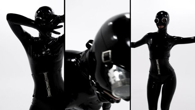 triple photo collage of a lady in a black latex bdsm costume, a voluptuous woman dancing on a white background