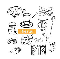 Theatre. Sketches. A collection of symbols. Hand-drawn illustration of the vector of doodles