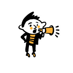 A cute little boy shouts into the loudspeaker. freehand vector doodle illustration.