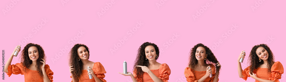 Poster Set of pretty African-American woman with hair spray on pink background