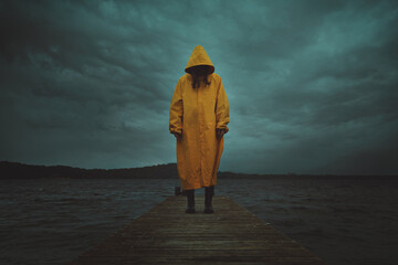 Mysterious woman with yellow jacket on lake pier