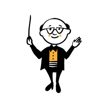 A cute elderly conductor with a baton. Vector color doodle illustration